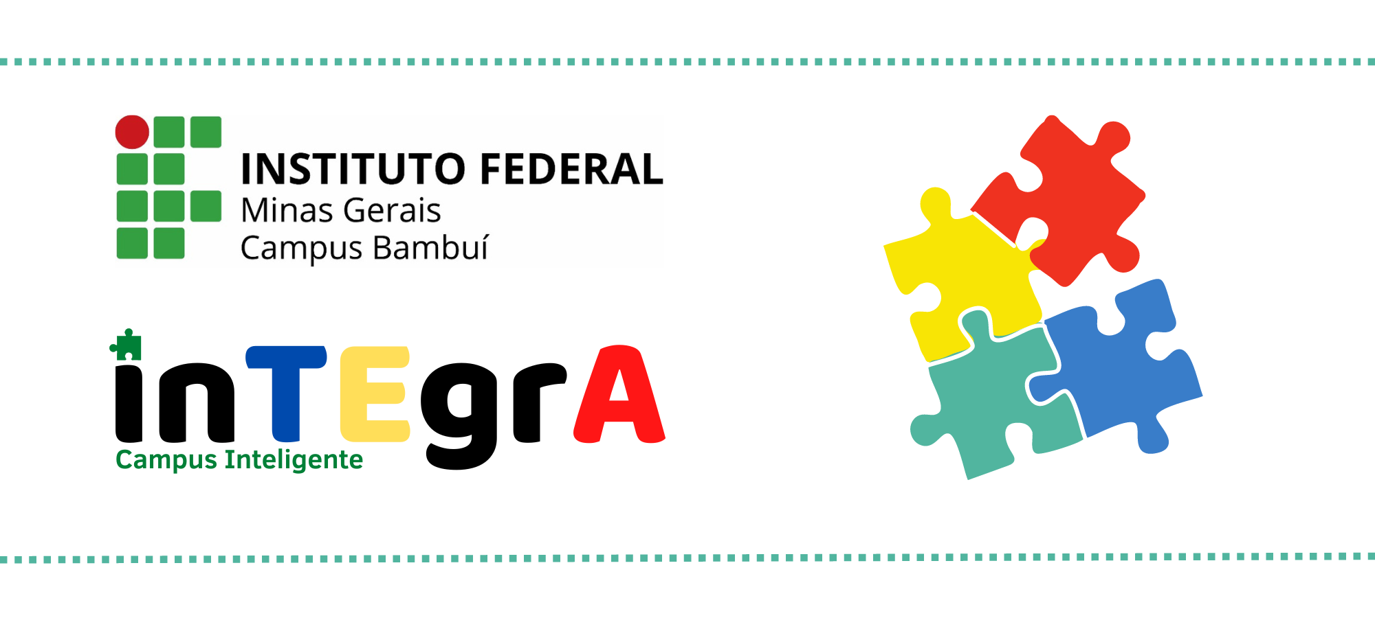 Banner com a logo do portal Integra que é um quebra cabeça colorido com as cores amarelo, azul, verde e vermelho. Nome do portal junto com a logo da instituição para complementar o banner.